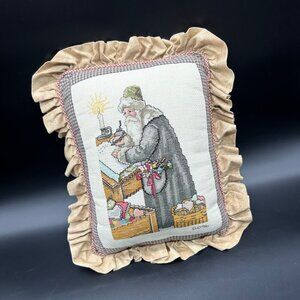 Vintage Santa Claus Cross Stitch Pillow Christmas Ruffled Edge Handmade 1990s